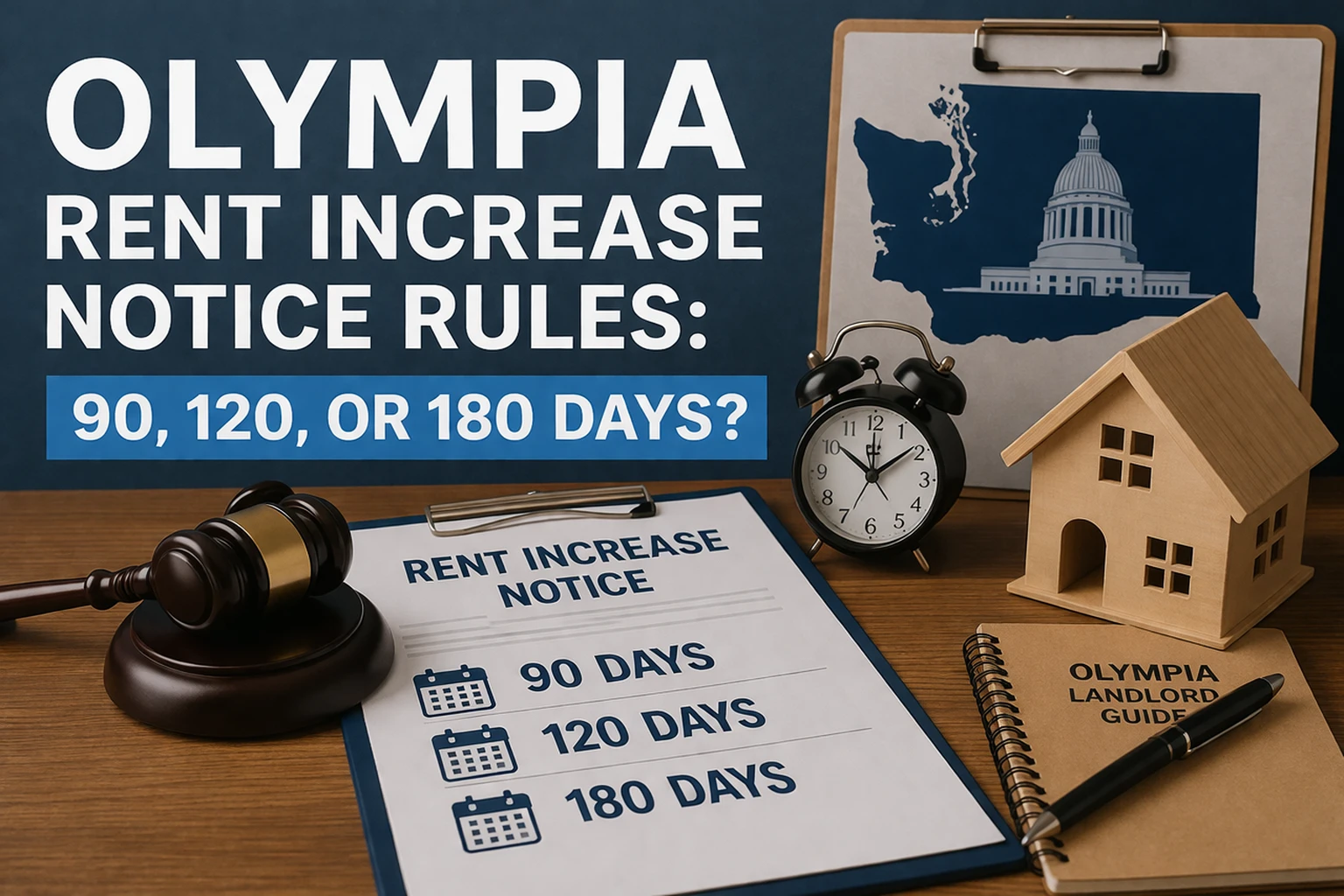 Olympia rent increase notice rules featured image with rent notice, house model, gavel, clock, and 90, 120, or 180 days text.