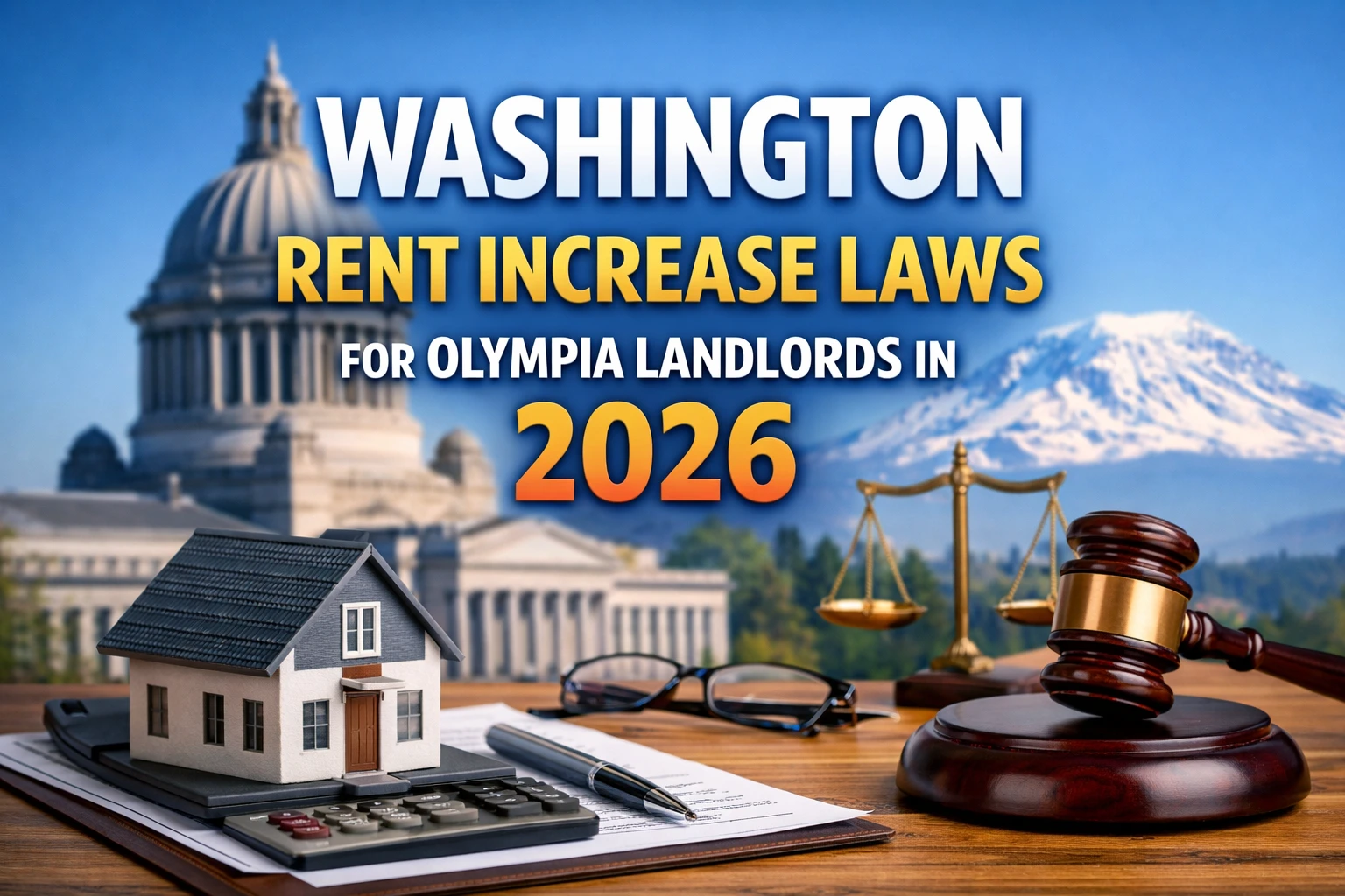 Washington rent increase laws for Olympia landlords in 2026 featured image with Capitol building, rental house model, calculator, legal documents, and gavel.