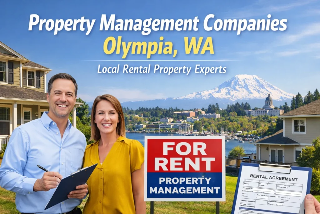 Property management companies Olympia WA featured image showing rental homes, for rent sign, local property managers, and Olympia skyline